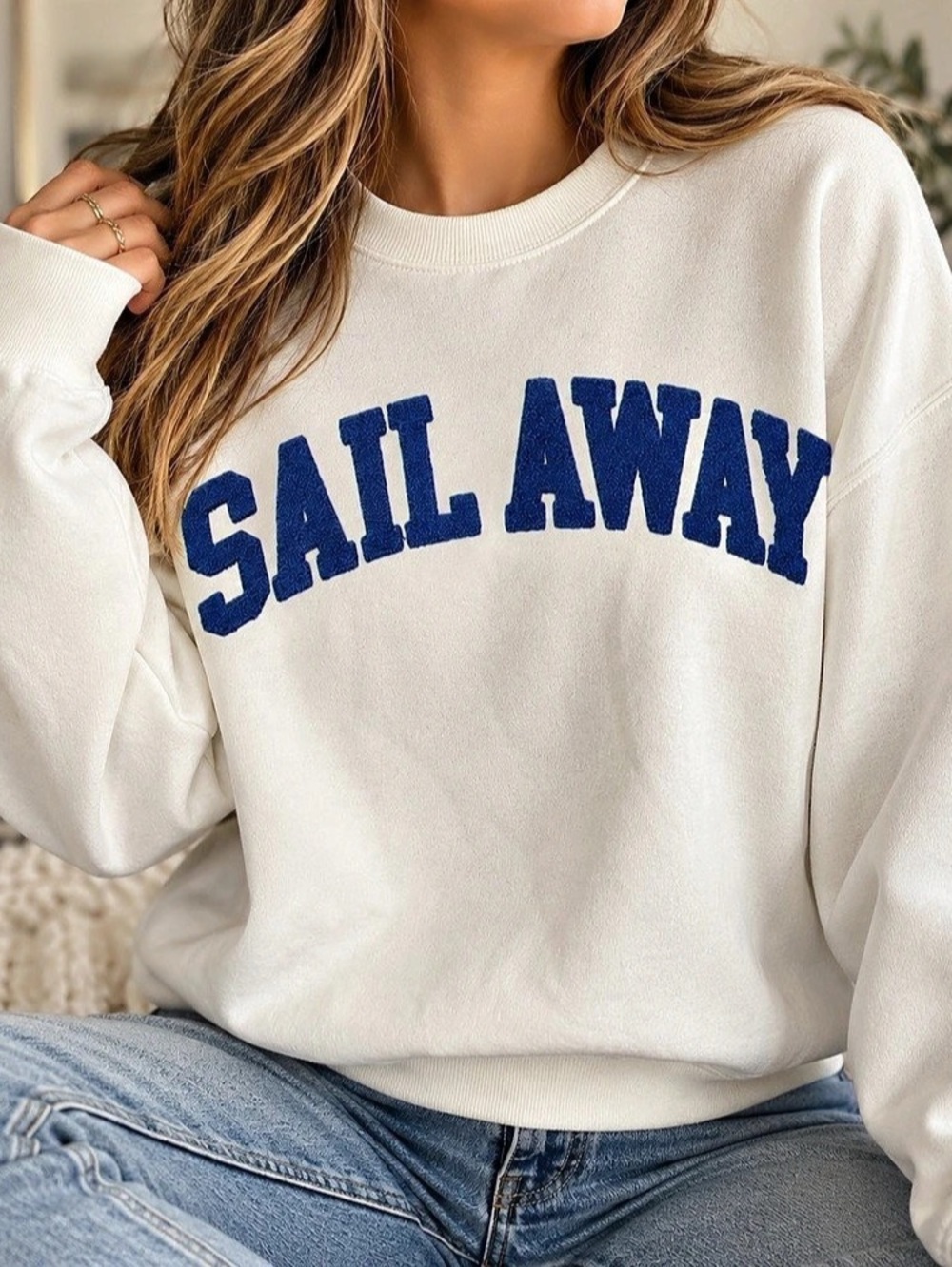Small | Pink Rose | Ivory Sail Away Coastal Crewneck Sweatshirt
